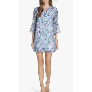 Lilly Pulitzer womens Elenora Silk Dress Flowy Sleeve‎ Size XXS With V-neck